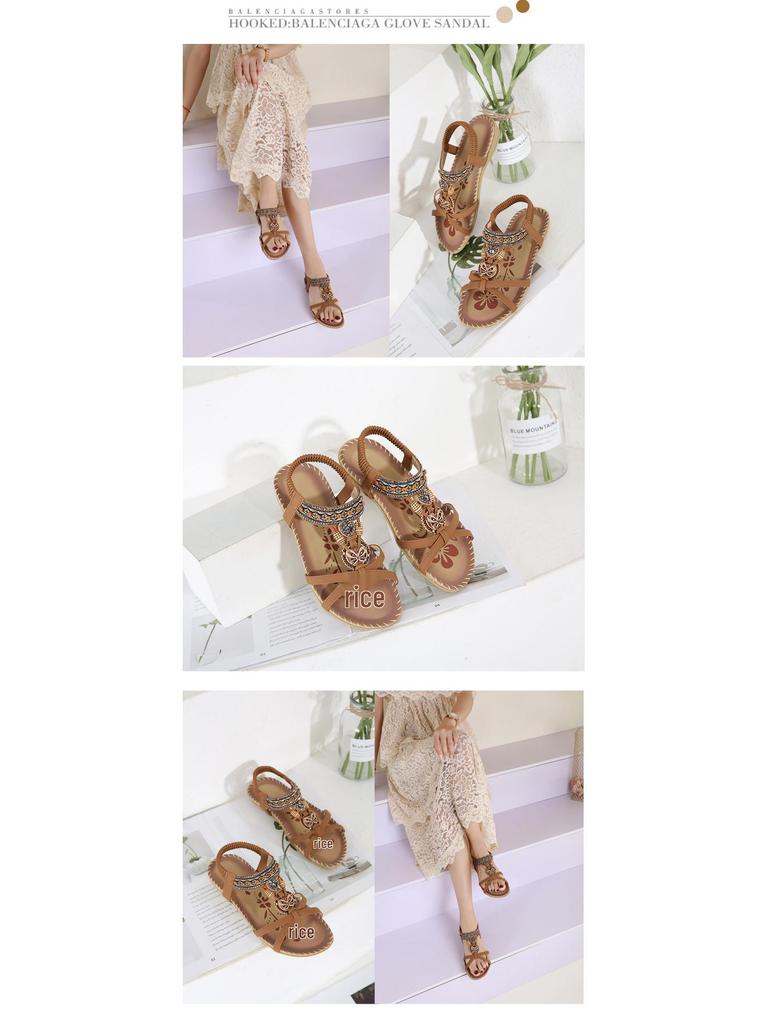 Bohemian Plus Size Rhinestone Flower Sandals - Spring 2025 Beach Open Toe