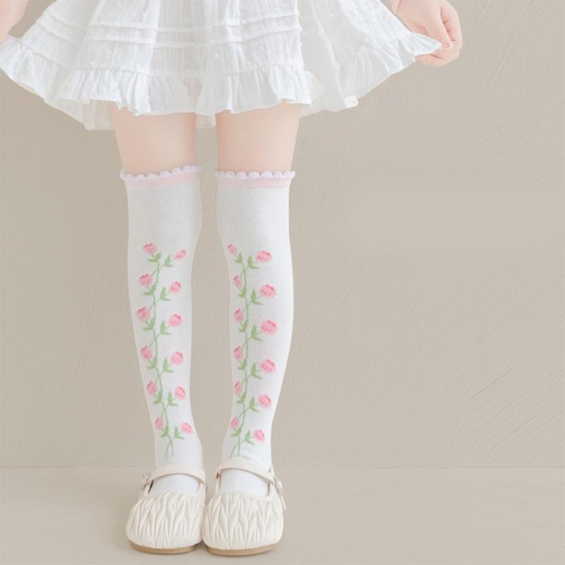 Children's Knee Length Cotton Socks Baby Girls Long Tube Socks Soft Stockings Flower Pattern for School Uniforms