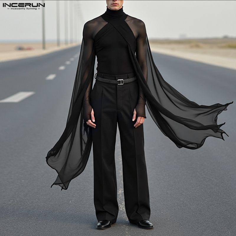 INCERUN Men Turtleneck Long Flare Sleeve Mesh Sheer Transparent Fitted Tops Party Clubwear T-shirts
