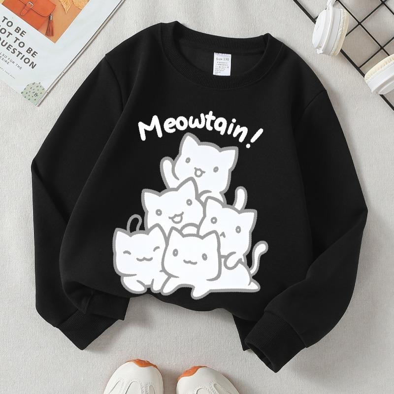 Kids Crewneck Sweatshirt, Cute White Cats Meowtain Print, Soft Casual Pullover for Fall Winter