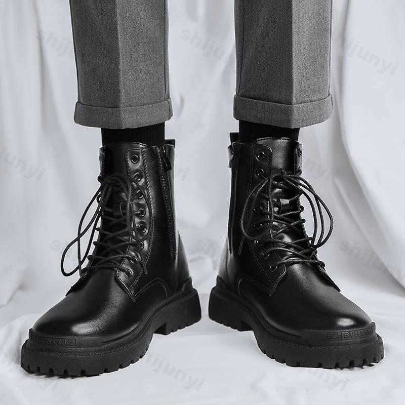 Fashion Men Black Leather Boots New British Style High Top Fashion Work Boots Outdoor Street Fashion Chelsea Men Shoes Comfortable Short