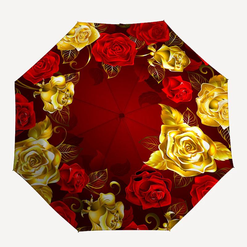 Golden Roses,Red Background Automatic Folding Umbrella 8 Rib Lightweight Design, Durable Iron Frame, Compact and Portable, Perfect Gift Fo