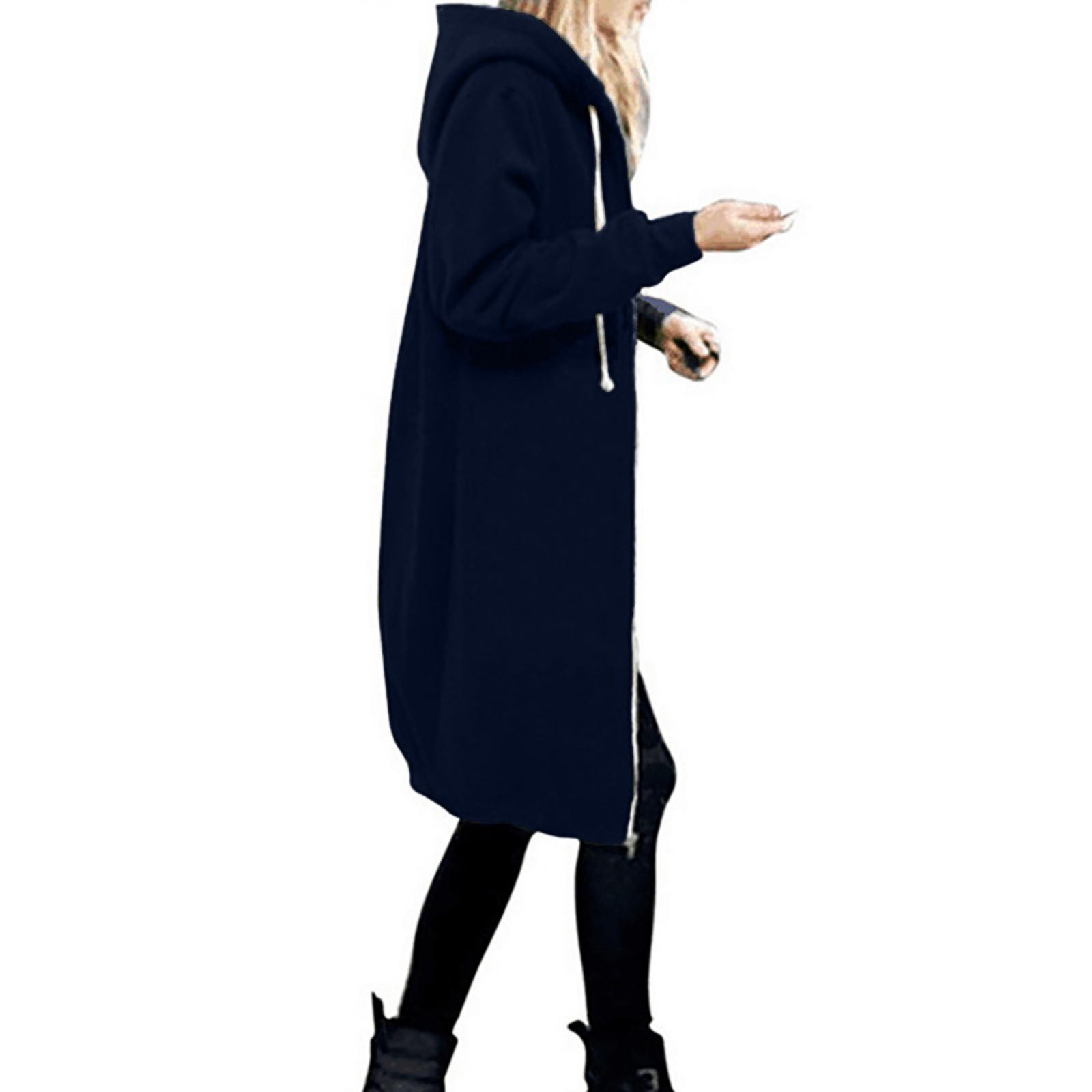 

Женская теплая молния с открытым капюшоном, толстовка, длинное пальто, куртка, топы, верхняя одежда S тёмно-синий