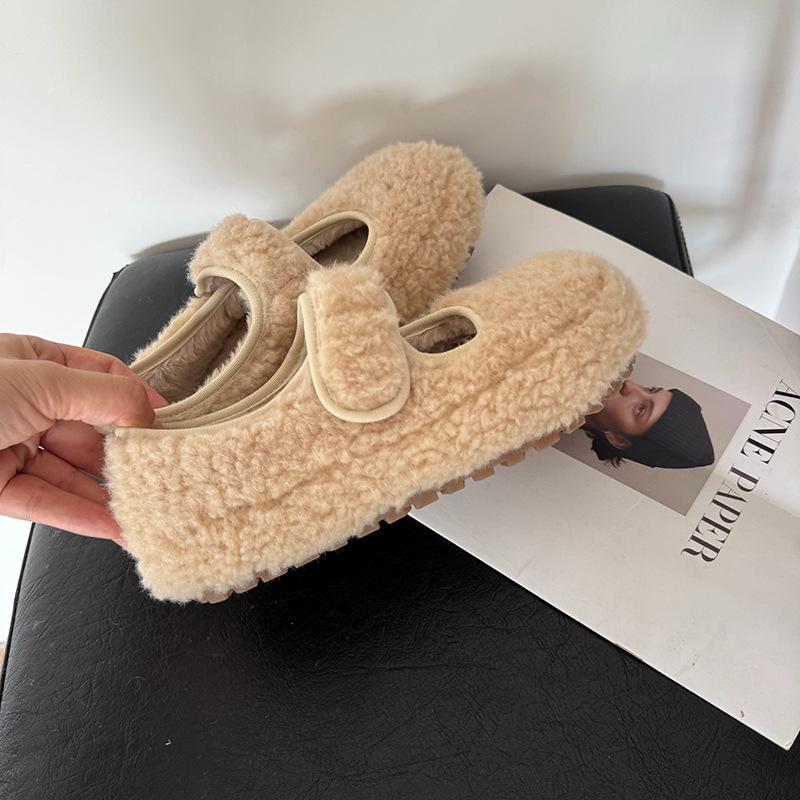 Delikatny wieczorny wiatr morelowe puszyste buty damskie do noszenia jesienią i zimą, aksamitne ciepłe, płytkie buty Mary Jane, buty Doudou, buty bawełniane