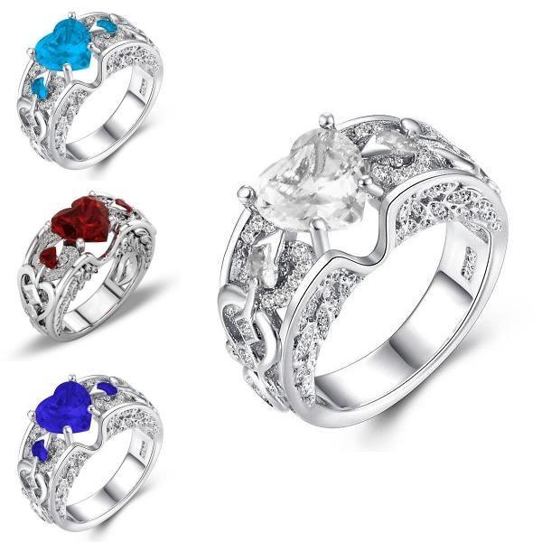 Elegant Women Ladies Rhinestone Princess Heart Shape Jewelry Wedding Ring