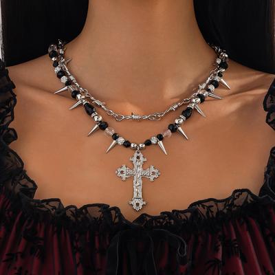 Cyberpunk Cross Pendant Necklace Female, Personalized Metal Rivet Imitation Pearl Clavicle Necklace