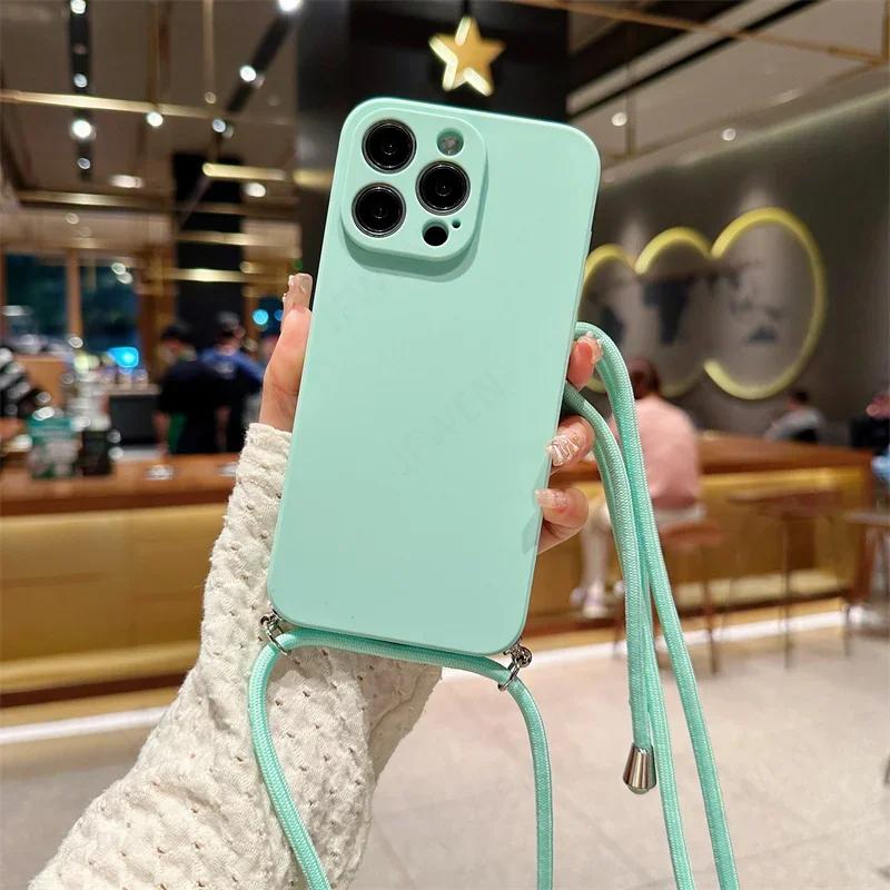 Crossbody Lanyard Candy Color Phone Case For Iphone 17 Air 16 16E 15 14 13 12 11 Pro Max Plus Silicone Soft TPU Back Cover
