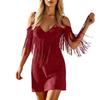 Women Sleeveless Dress Cold Shoulder Fringe Detail V Neck Casual Slim Fit Mini Dress Summer Party Dress