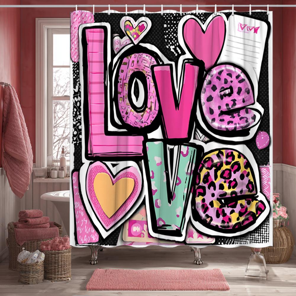 Love Graffiti Shower Curtain Mixed Patterns with Hearts and Leopard, Fun Feminine Bath Curtain for Teen Girls and Romantic Decor