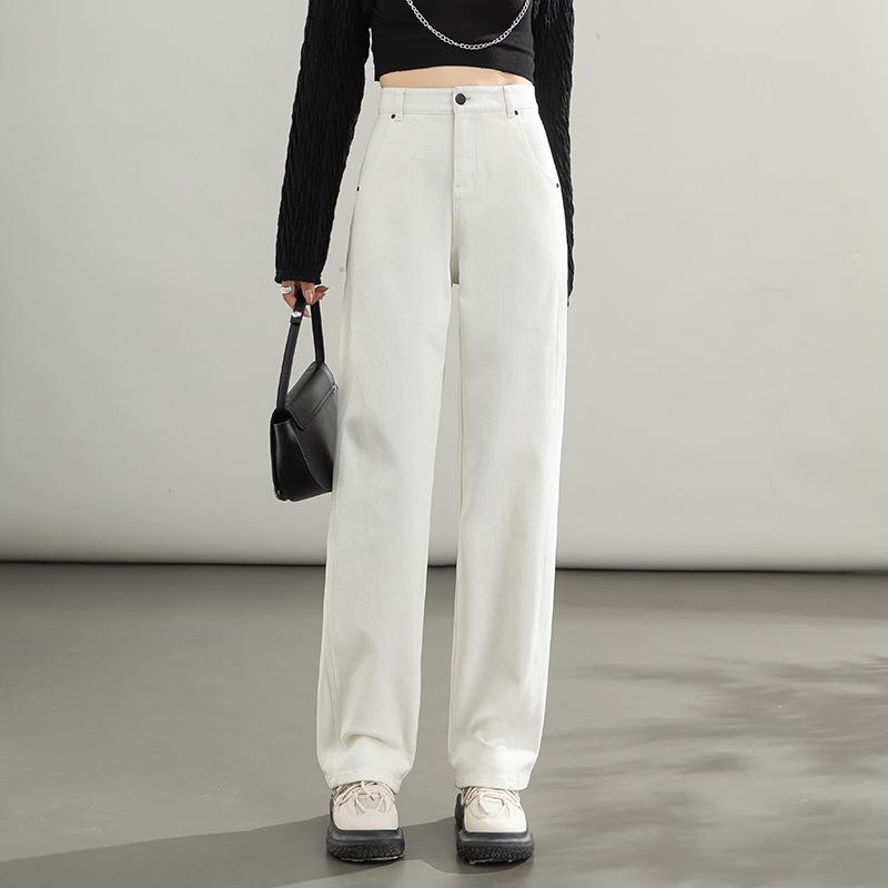 Women s Korean Style High Waist White Denim Pants - Loose Fit, Spring 2026, Creative Wash. 31