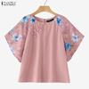 ZANZEA Women Casual Round Neck Floral Print Splice Half Sleeve Blouse