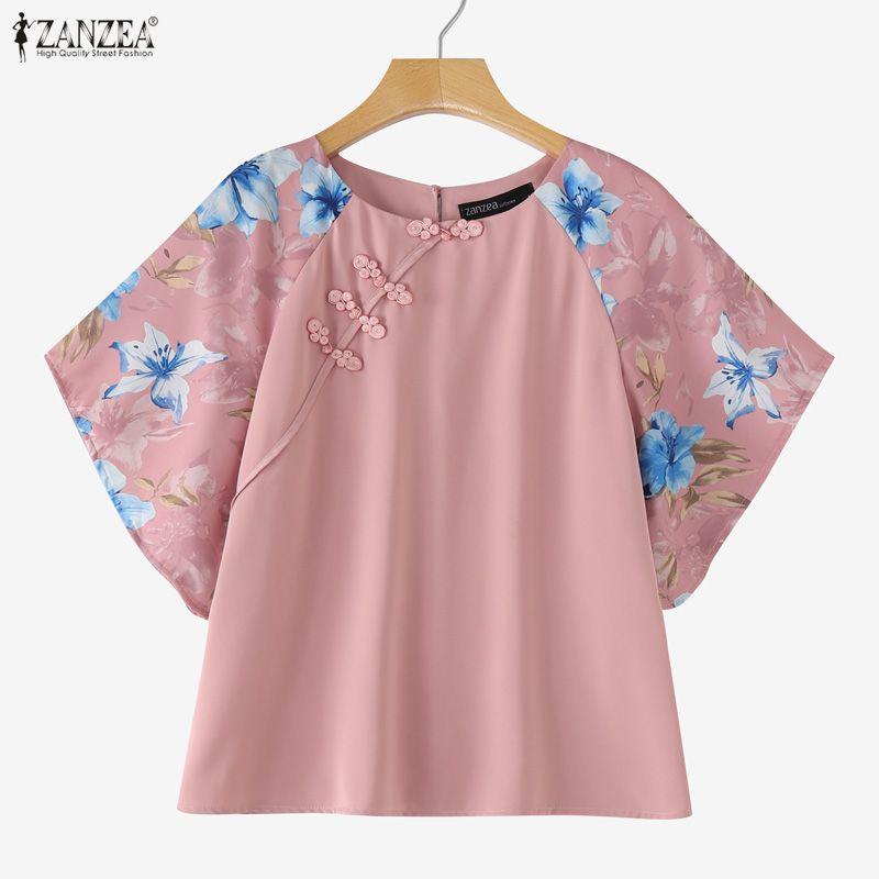 ZANZEA Women Casual Round Neck Floral Print Splice Half Sleeve Blouse