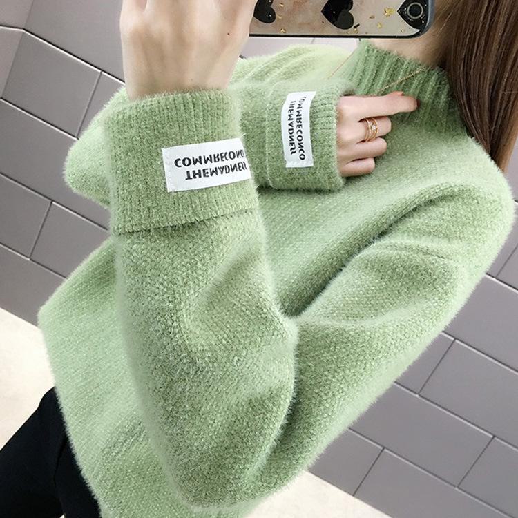 

Норковый свитер: Женский плотный трикотажный топ в корейском стиле 2024 года с полувысоким воротником для осени и зимы. One Size зелёный