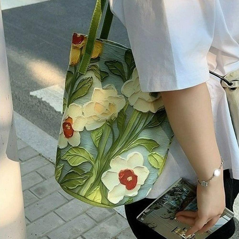Fashion Women's Shoulder Bag Floral Pattern Canvas Bucket Bag Casual Large Capacity Handbag