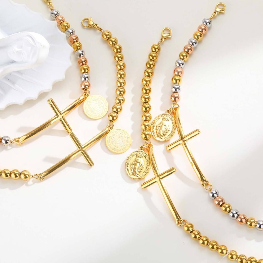 Stainless Steel Cross Curved Card Round Card Three-Color Beaded Gold Bracelet 2006