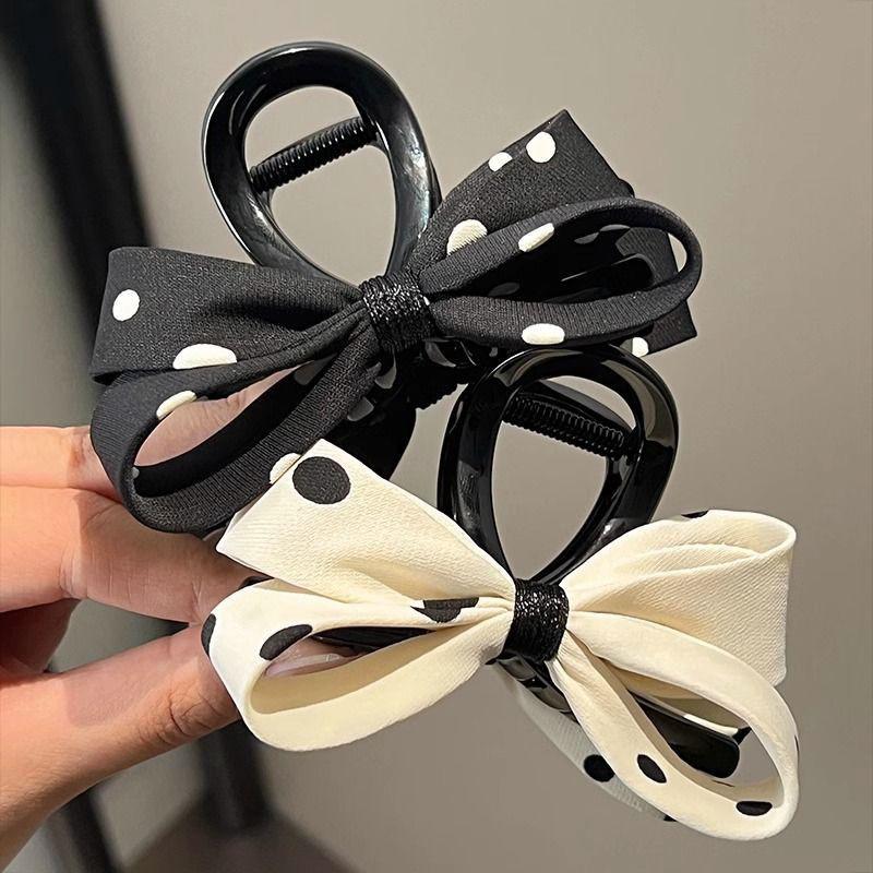 Korean Retro Polka Dot Black and White Bow Claw Clip