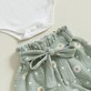 Summer Fashion Toddler Baby Girls Clothes Sets Short Sleeve Ribbed Romper Belted Print Shorts Headband 3pcs Clothes