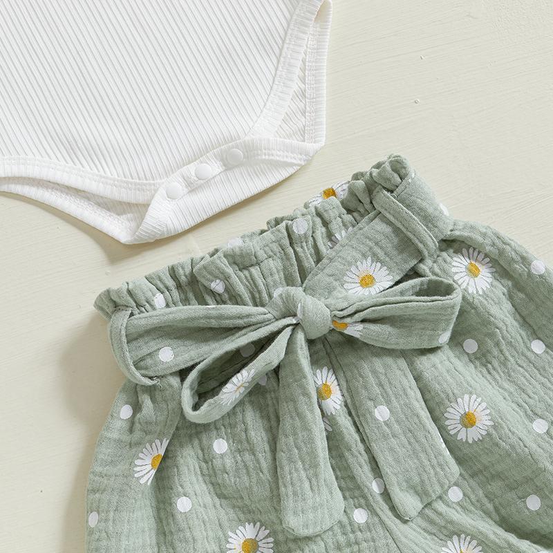 Summer Fashion Toddler Baby Girls Clothes Sets Short Sleeve Ribbed Romper Belted Print Shorts Headband 3pcs Clothes