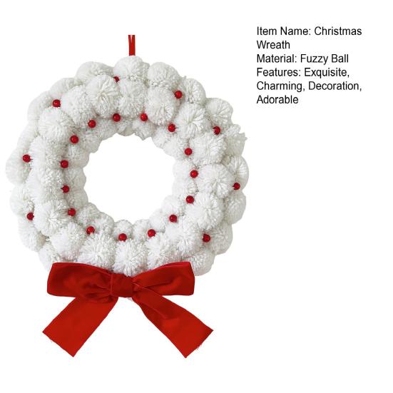 Plush Christmas Wreath White Fuzzy Pom Pom Ball Wreath with Red Bow And Berries for Home Window Fireplace Wall Door Holiday Decor