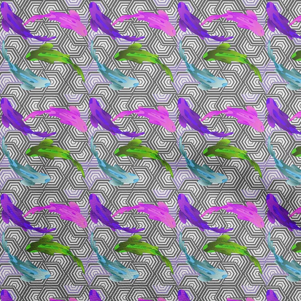 oneOone Bumbac Elastic Albastru Închis Material Pește Koi Japonez Asiatic cu Textură Geometrică Material de Cusut Material Imprimat la Yard 40 Inch