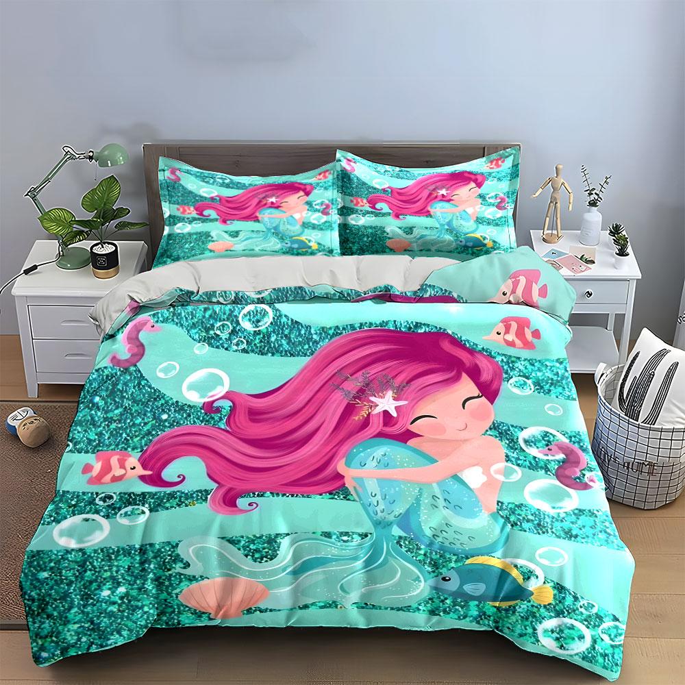 Mermaid Theme Decorative Set Bedding Set with 1 Duvet Cover 2 Pillowcases Single Double King Queen, Gift