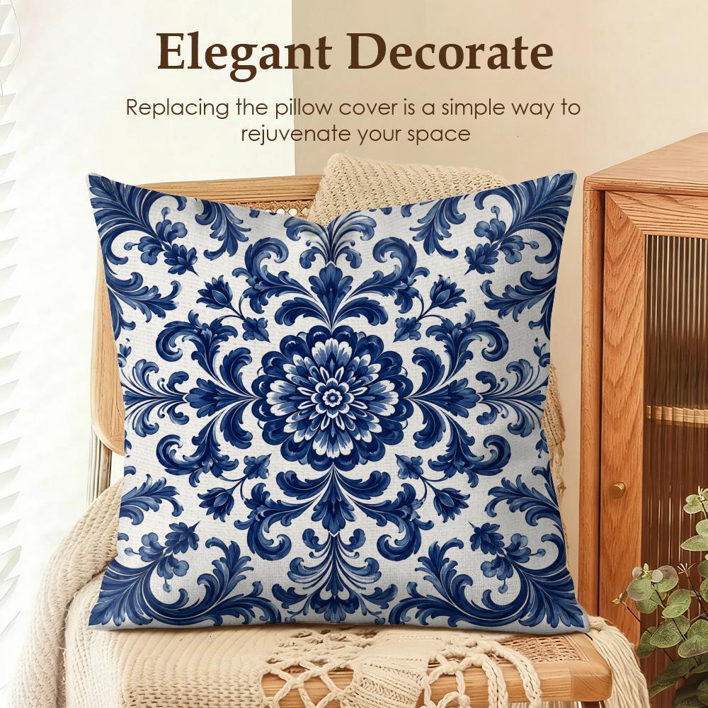Blue Porcelain Motifs Cushion Cover Natural Linen Organic Fabric DoubleSided Printing Sofa Home Decor Gift Pillow Cover