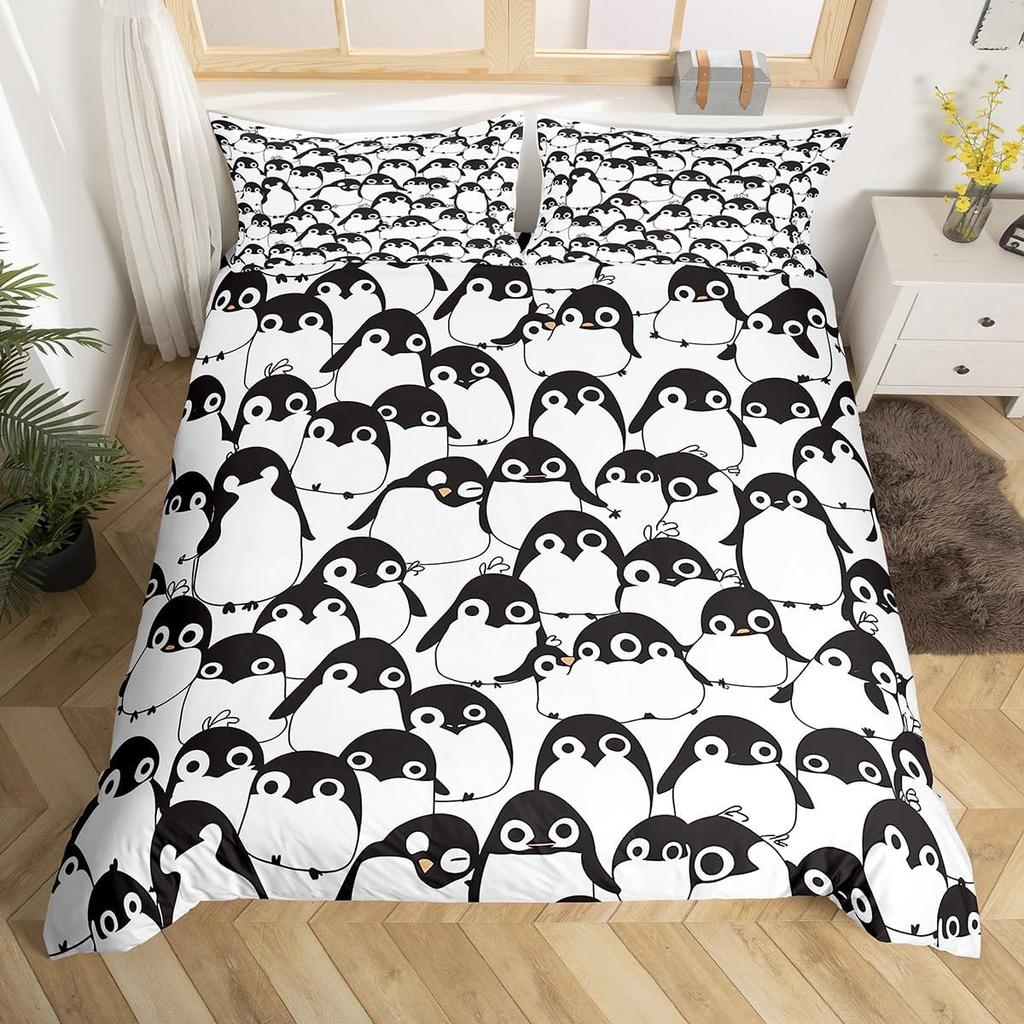 Cartoon Penguin Bedding Set Full King for Girls Boys Kids Room Dorm Funny Animal Printed Comforter Cover Penguins Bedding Set