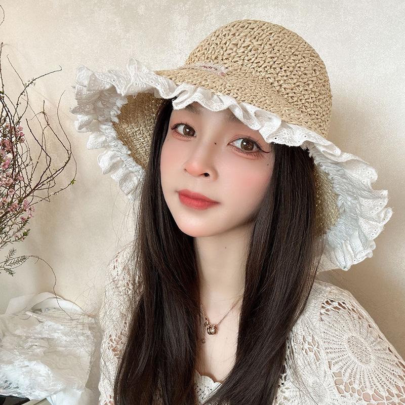 Straw Hat Women's Summer Sweet Big Brim Handwoven Sun Hat Outdoor Seaside Vacation Sun Hat