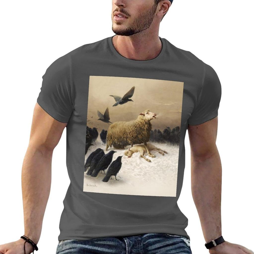 Angoscia Angoisses dipinto a olio fine art di August Friedrich Schenck Pecora madre con agnello e corvi neri HD H Maglietta