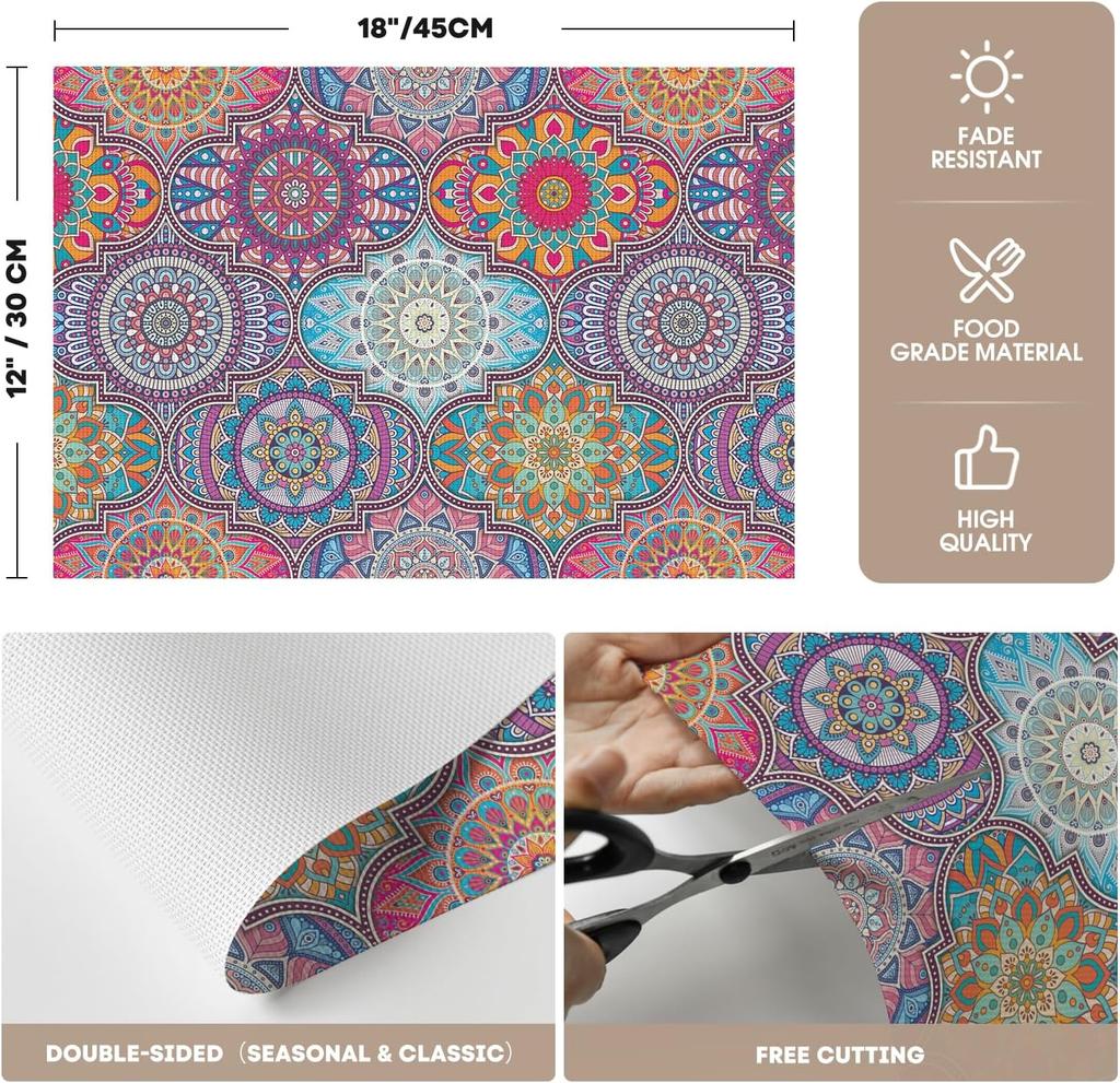 Mandala Vintage Vinyl Plastic Placemats Set of 4, 12x18 Inch Washable Non-Slip Table Mats for Party Kitchen Dining Decor