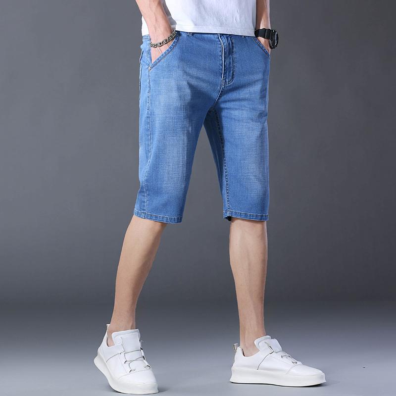 Shorts en Jean Décontractés pour Homme Longueur Genou Élastique Coupe Droite Marque Coton Jeans Mode Street Style Couleur Unie Court