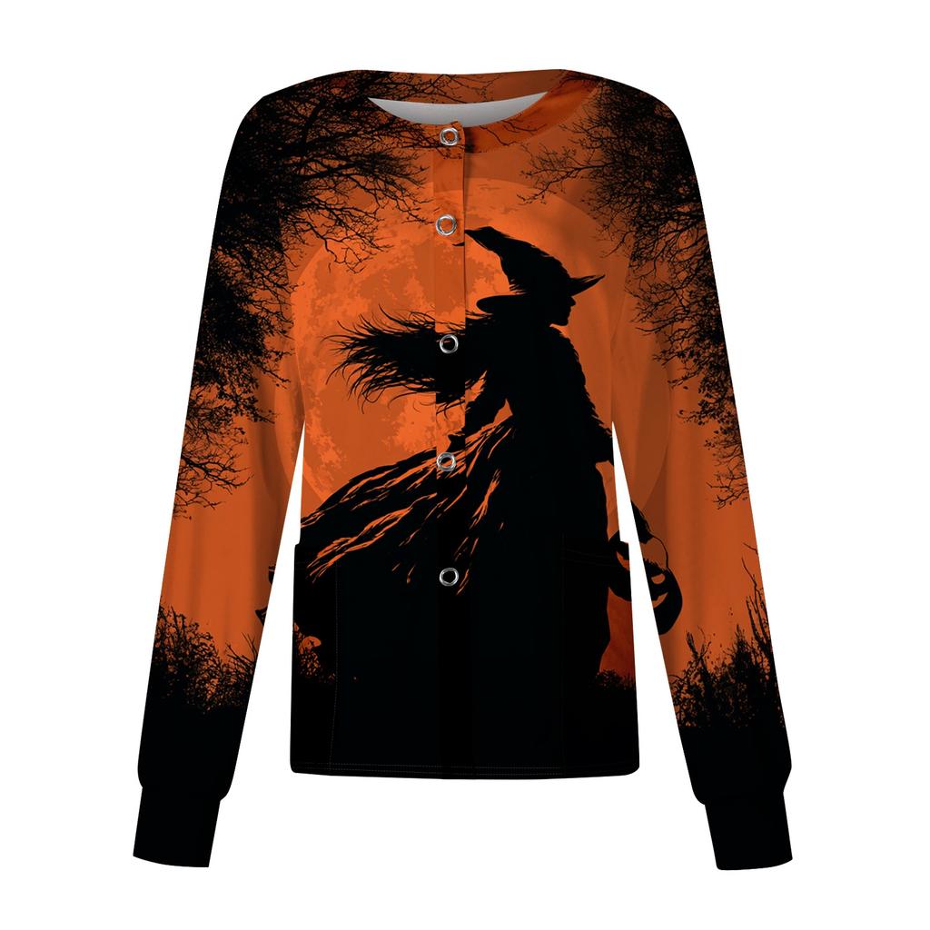 Women's Casual Long Sleeve Button Down Halloween Print Top for Costume Wear