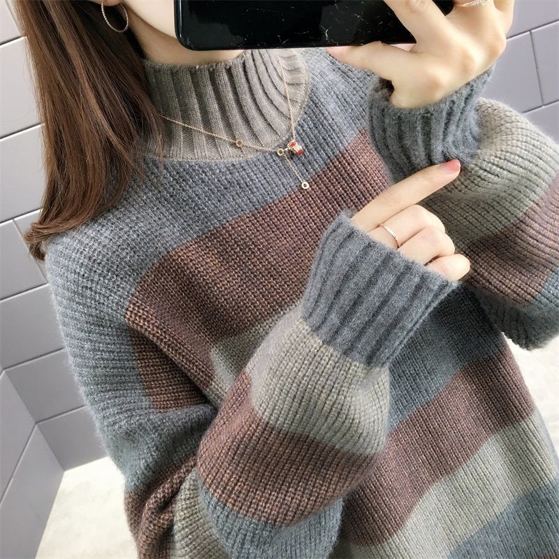Women's Oversized Striped Sweater Mock Neck Color Block Knit Midi Dress