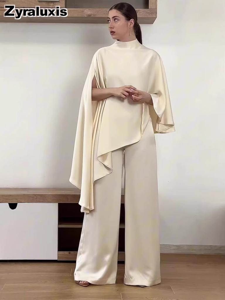 New Fashion Women's Long Sleeve Irregular Top High Waist Slim Fit Wide Leg Pants Set