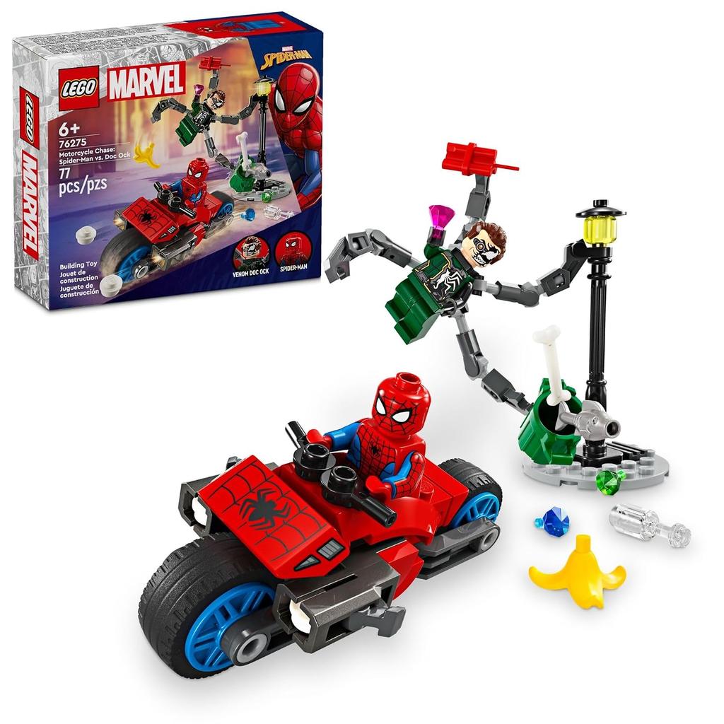LEGO Marvel Bike Chase Spider-Man vs. Doc Ock Building Toy Stud Shooter Web Blaster includes 2 Mini Figures Superhero Boys Girls Ages 6 Up 76275