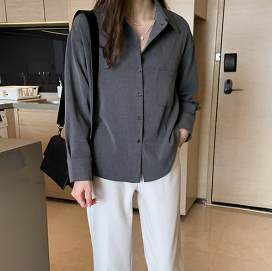 

Женская блузка с длинным рукавом однотонная в корейском стиле - 2025 Весна/Осень Шик, Свободный крой XX-Large серый