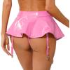 Womens Patent Leather Lingerie Set O-Ring Halter Backless Crop Top Built-in Thong Ruffle Miniskirt