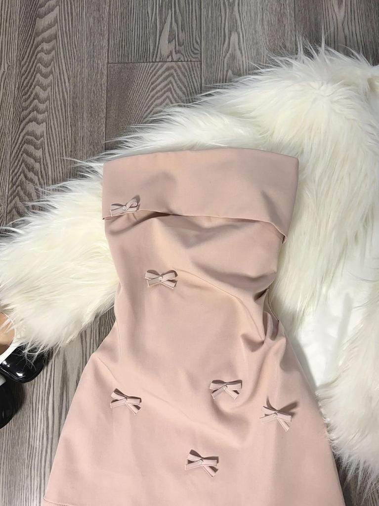 Pure Desire Korean Style Pink Satin Off Shoulder Dress With Bow For Summer Party Wear