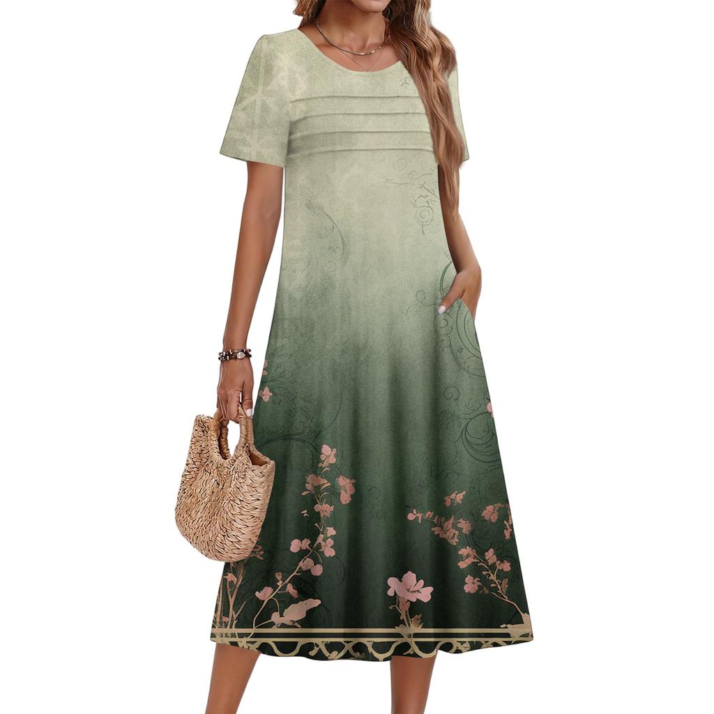 Damenkleid mit Blumenmuster, lässig und modisch, kurzärmelig, Rundhalsausschnitt