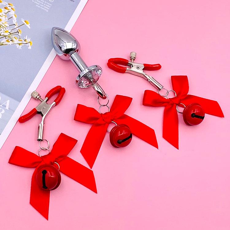 Bowknot Anal Plug & Nipple Clamps with Bells - Cute Flirting Set for Couples