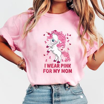 New Hot Breast Cancer Awareness Unicorn I Wear Pink For My Mom Printed T-Shirts Women Girl Unisex Casual Loose Round Neck
