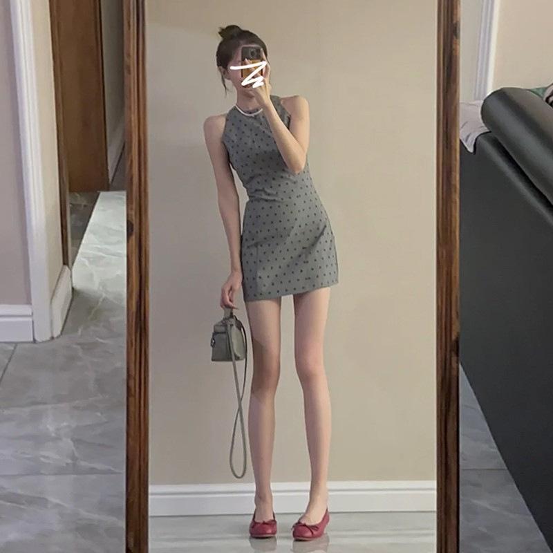 Summer French style temperament off-the-shoulder zipper polka dot neck dress women's small slim-fitting hip-wrapped short skirt