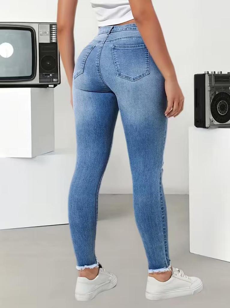 2026 European & American Style High-Waisted Elastic Ripped Skinny Jeans for Women