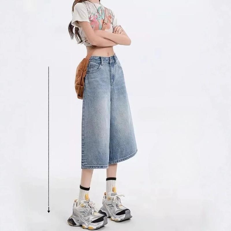 Damen Vintage Weite Beine Denim Capri Hosen Shorts Sommer Bauchkontrolle Locker Gerade Beine Lässig Streetwear