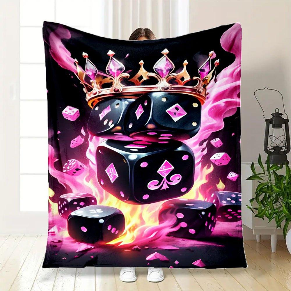 "Royal Flush Dice Set: Luxury Crowned Gaming Pieces with Fiery Flames"Blanket Flannel Throw Blanket for Sofa, Bed, Travel, Camping, Office