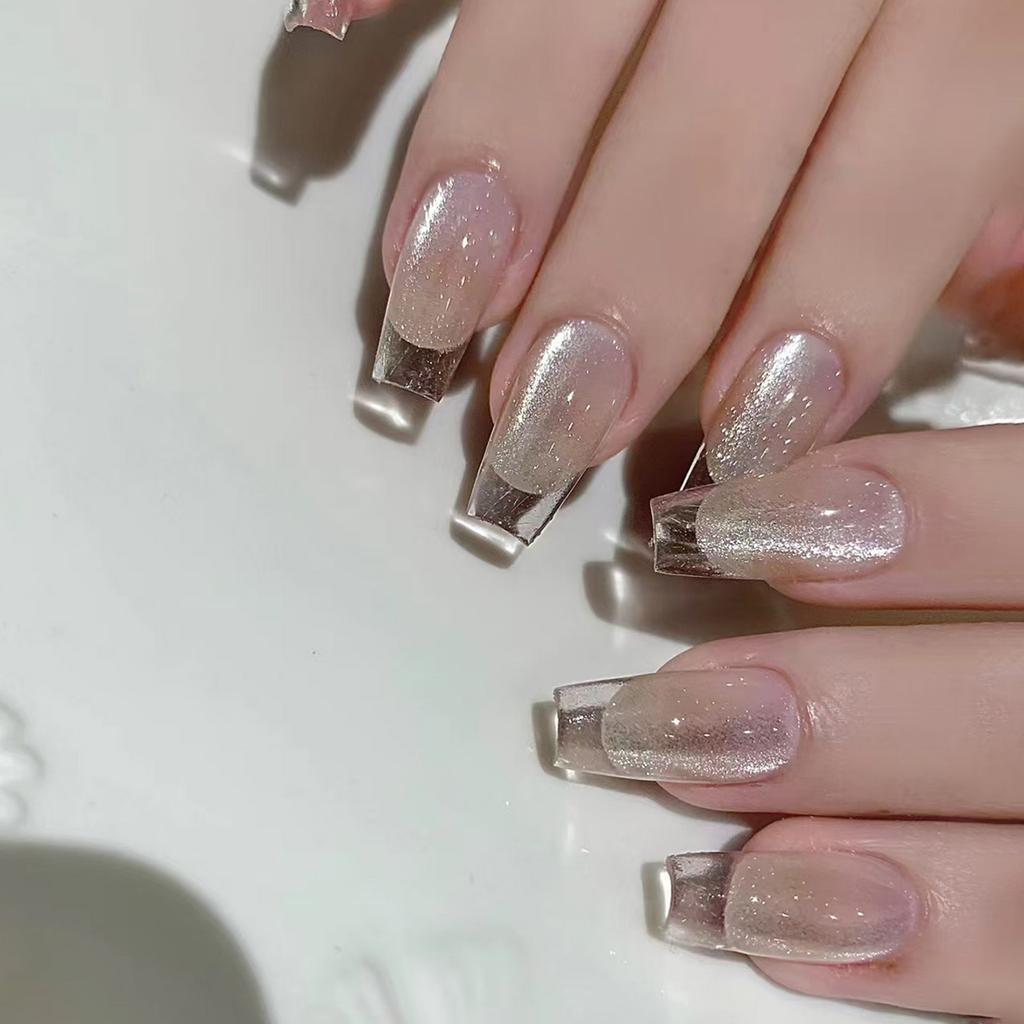 Cat Eye Press On Nails Glass Coffin Acrylic Fake Nails Reusable Stick On Nails for DIY Nail Art Manicure Decorations