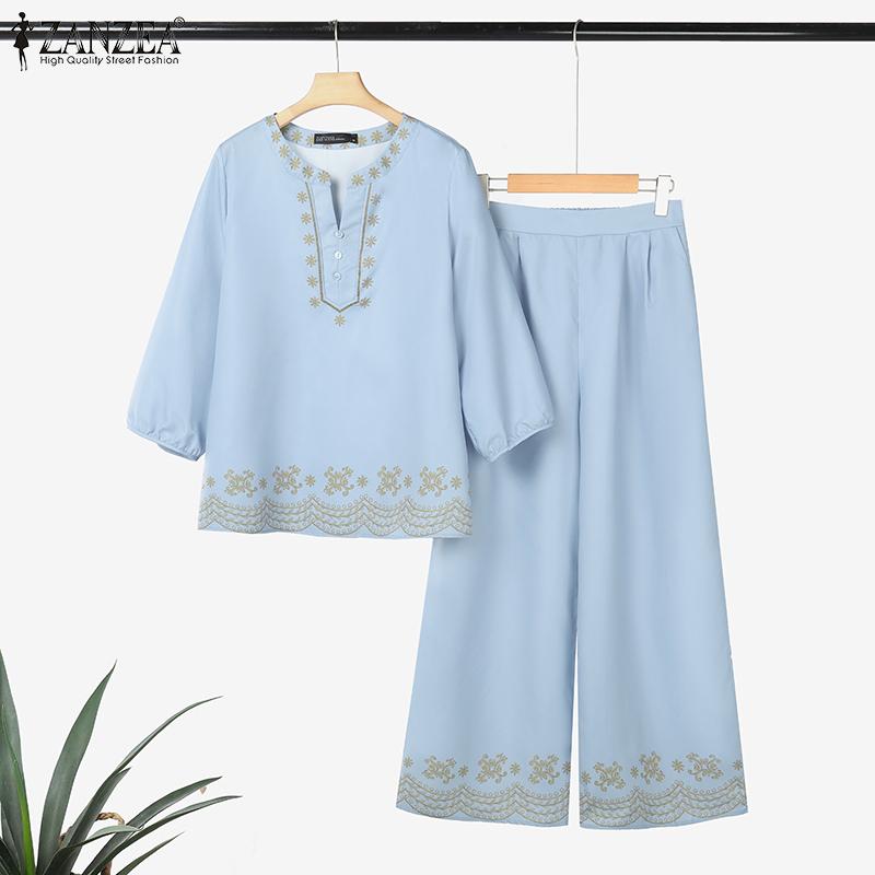 ZANZEA Women Long Sleeve Print Blouse and Pants Casual Two Piece Suit Sets