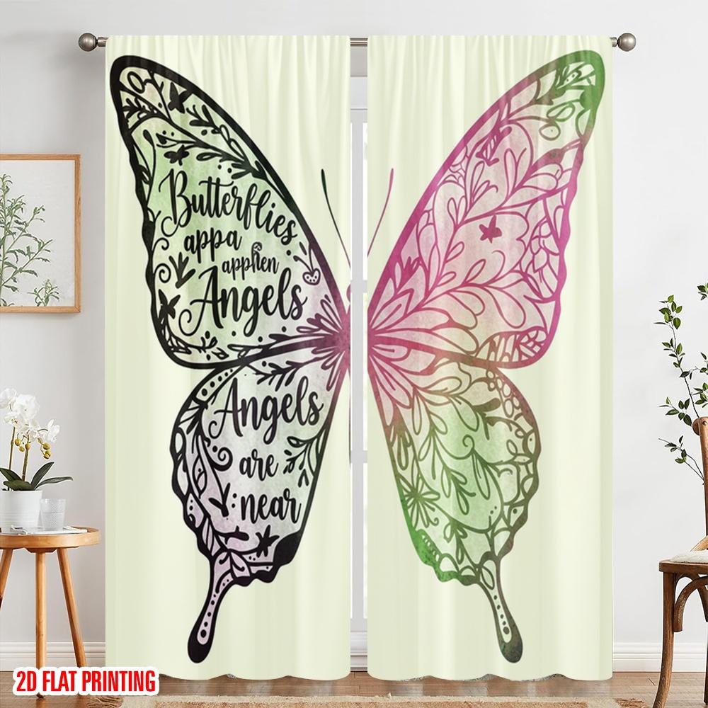 2pcs 2D flat printing Curtain Butterflies Appear When Angels 100% Polyester Without Electricity Festive Wall Decor for Yard &