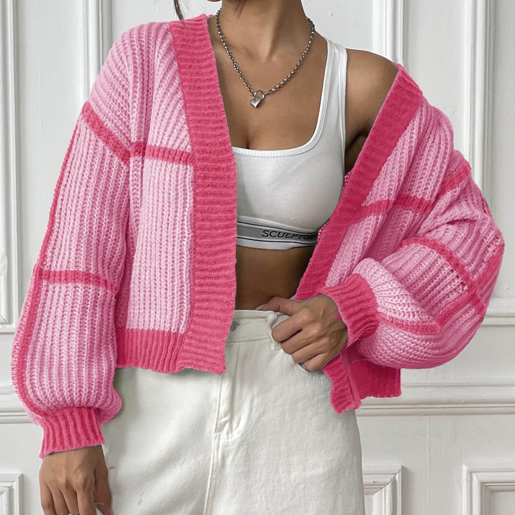Women's Cardigan Autumn And Winter Jacket Collision Splicing Short Section Casual Loose Woven Jumper