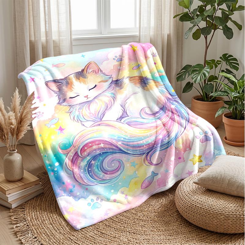 Rainbow Cat Dreamscape 1 Theme Blanket Lightweight Warm Flannel Blanket Decorative Throw Blanket for Home Decoration